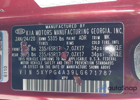 2020 Kia Sorento 2.4L Lx z USA, uszkodzony, nr VIN 5XYPG4A39LG671787